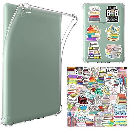 LEPGUYO Funda Transparente Kindle 7 Pulgadas, Compatible con Paperwhite 2024/2025 (12ª Gen) & Colorsoft Signature Edition, Silicona Transparente Anti-Rayas, 50 Pegatinas de Lectura Vintage Regalo