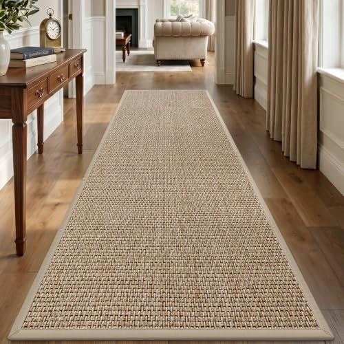 DEXI Läufer Flur 60 x 180 cm, rutschfest und Saugstark, Beige | Gewebte Oberfläche, Teppich Läufer, Gummirücken, Pflegeleicht, Dünn Türmatte Für Eingangsbereich, Küche & Haustür