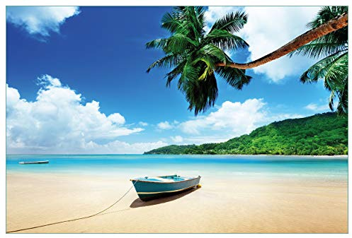 Wallario Küchenrückwand selbstklebend 90 x 60 cm, Motiv: Urlaub am Palmenstrand unter Palmen mit Fischerboot | Spritzschutz abwischbar & pflegeleicht