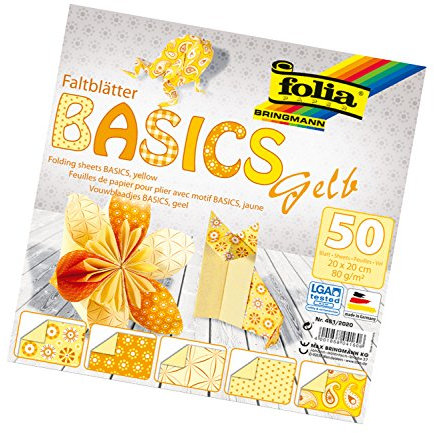 folia 461/2020 - Faltblätter Basics gelb 20 x 20 cm, 80 g/qm, 50 Blatt sortiert in 5 Motiven - ideal für wunderschöne Faltfiguren und -formen