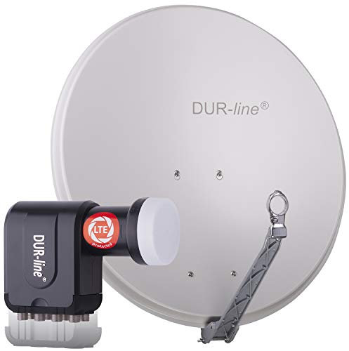 DUR-line 8 Teilnehmer Set - Qualitäts-Alu-Satelliten-Komplettanlage - Select 75cm/80cm Spiegel/Schüssel Hellgrau + Octo LNB - für 8 Receiver/TV [Neuste Technik, DVB-S2, 4K, 3D]