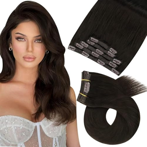Moresoo Clip in Extensions Echthaar, Salon Qualität Weiches Glattes Haar 25 cm 5 Stück 80g Echthaar Extensions Clip in #2 Dunkelstes Braun, Leicht zu Tragen Solide und Langlebig 10 Inch