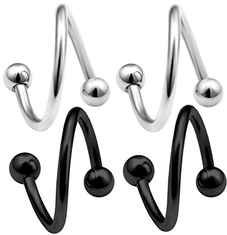 bodyjewelrytrend 4 Stück Spiral Piercing Twister Ohr Kugel chirurgenstahl 1,2mm unterlippe lippenpiercing lippe Helix Twist Tragus Edelstahl BFFB - 10mm