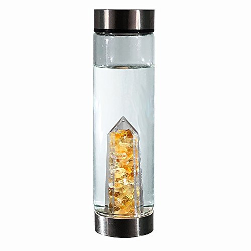 bewater Reusable gem Glass Water Bottle with a Chamber of Sparkling Citrine Gemstones at its core | Lead Free Glass | 500ml with a Wide Open Neck and Screw top lid. (bejoy Abundance)