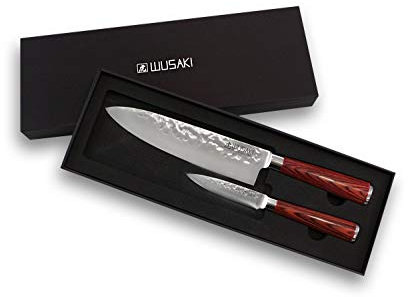 Wusaki Pakka X50 Coffret de 2 couteaux de cuisine avec lames martelées en acier inox et manches en Pakkawood – Boîte idéale à offrir