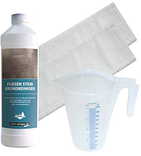 stein-reiniger.de: Fliesen Stein Grundreiniger Konzentrat 1 L, 2 St. Microfasermopp, Messbecher 1 L SET