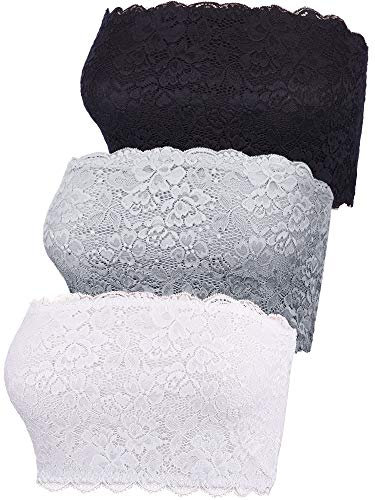 BOAO 3 Pieces Women's Floral Lace Tube Top Bra Bandeau Strapless Bras Seamless Stretchy Chest Wrap (Color Set 3, XL Size)