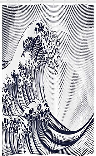 ABAKUHAUS Hokusai Schmaler Duschvorhang, Oriental Japanese Waves, Badezimmer Deko Set aus Stoff mit Haken, 120 x 180 cm, Indigo und Weiß