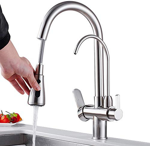 Suguword Rubinetto per acqua potabile a 3 vie, in acciaio inox, per filtro dell'acqua, 2 maniglie, 4 in 1, sistema di filtraggio per lavello e cucina