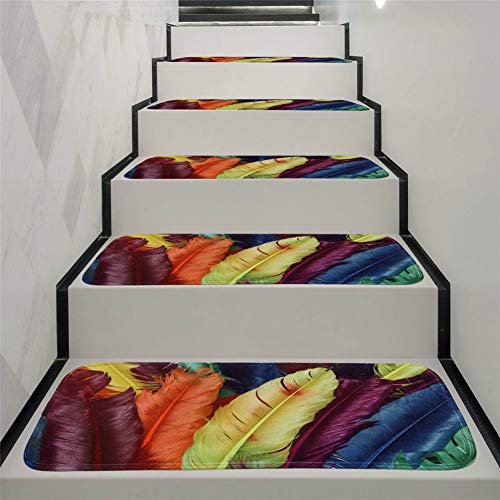 JLCP rutschfeste Stufenmatten, Bunte Feder Selbstklebender Treppenstufen-Teppich Schlafzimmer Badezimmer Tür Boden Weich Und Bequem Stufen Teppiche Protector Matten,70X22cm,15pcs
