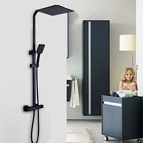 Duscharmatur Duschsystem Duschset mit Thermostat Regendusche Schwarz Duschgarnitur Brausegarnitur mit Handbrause Wasserfall Duschkopf (30x30CM)