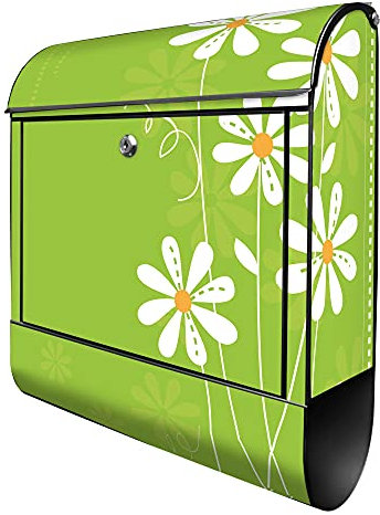 banjado® Design Briefkasten mit WT Gänseblümchen 38,5x46,5x13cm & 2 Schlüssel - Briefkasten Stahl schwarz mit Zeitungsfach pulverbeschichtet - Postkasten A4 Einwurf inkl. Montagematerial