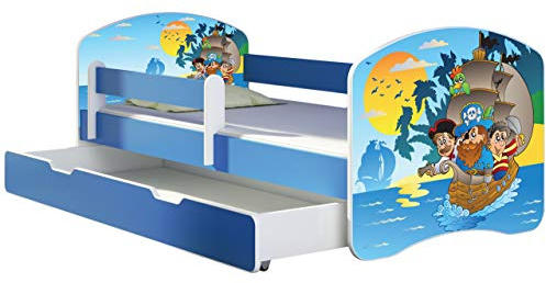ACMA Kinderbett 160x80 cm Blau mit Bettkasten, Matratze & Lattenrost – Jugendbett mit Rausfallschutz, personalisiertes Motiv 21 Piraten, Kinderzimmer, belastbar bis 120 kg