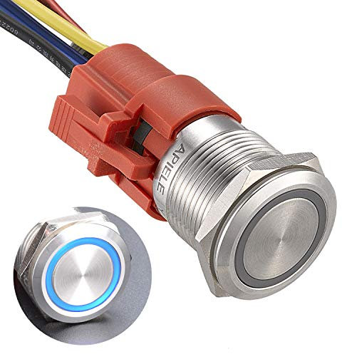 APIELE 19MM Verriegelung Druckschalter 12VDC 5A, Edelstahl mit LED Ringbeleuchtung wasserdicht Latch Drucktastenschalter mit vorverdrahtetem Stecker, Auto RV LKW Boot EIN/AUS Taste Schalter (Blau)