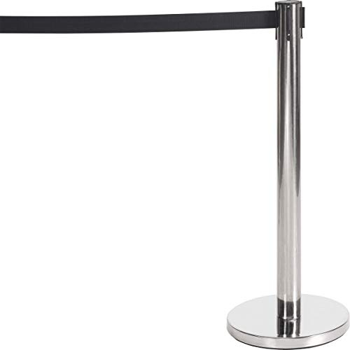Queue Barrier, Retractable Belt, Pull Out Safety Tape, Queuing Post, Chrome Base with (Chrome Post, Black Belt)