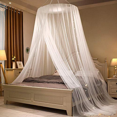YWZQ Princesse Moustiquaire de Lit Dôme Baldaquin avec Guirlande Lumineuse à LED, Dentelle Ciel de Lit pour Simple à King Size des Lits pour Décoratif de Chambre à Coucher-Blanc