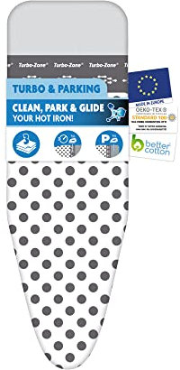LaundrySpecialist Copri ASSE da Stiro con TURBOZONE E PARKINGZONE – Stiratura Super Safe – 120x40 CM – Disponibile in Due Misure – 100% Cotone BCI e sottostrato Molton Ultra Spesso