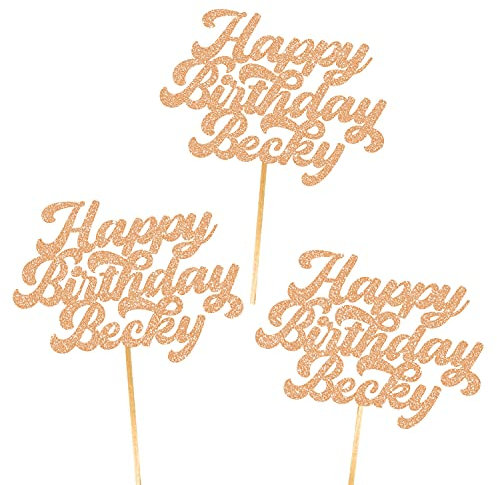 6X Personalised, Double Sided, Handmade Happy Birthday Glitter Cupcake Toppers by Cakeshop | Custom Colour Any Name 480gsm Glitter Cupcake Decorations | Rose Gold