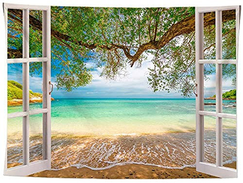 izielad Fenster Meer Strand Baum Landschaft Wandbehang Tapisserie 180X230CM 70.8X90.5IN
