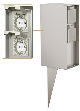 ledscom.de Garden socket pillar POMI with ground spike for outdoors, IP44, 4-way, stainless steel, square, 23cm