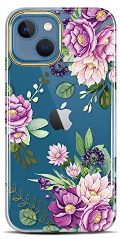 JAHOLAN Clear Case Compatible with iPhone 13 Mini Case with Flowers, for Girls Women, Shockproof Glitter Floral Pattern Hard Back Cover Phone Case 5.4 inch 2021 - Blossom Purple