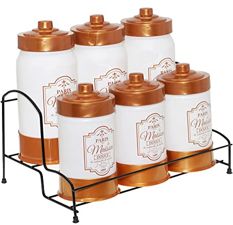 Lashuma Vorratsgläser Set 6 teilig, Farbe: Weiß - Kupfer, 3x Glasdosen 660 ml - 3x Kaffeedosen luftdicht 1000 ml