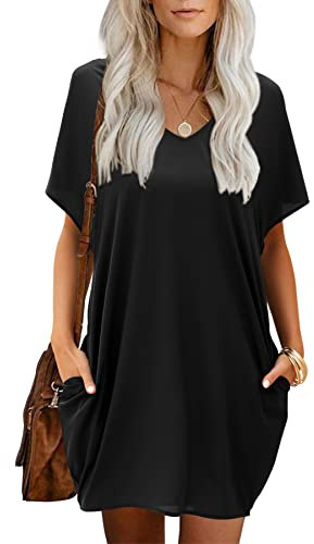 Beluring Damen Kleider Elegante V-Ausschnitt Kleid Mit Taschen Solide Partykleid Schwarz M