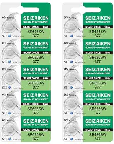 Seizaiken 377 SR626SW 1.55V 0% Hg Silver Oxide Watch Battery (10 Batteries) Made in Japan by Seiko