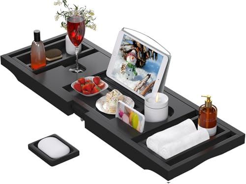 Artmalle Badewannen-Caddy Tablett – erweiterbares und faltbares Badewannentablett für die Badewanne, luxuriöser Bambus-Badewannentisch, Badewannenzubehör mit Buchhalter und kostenloser Seifenschale,