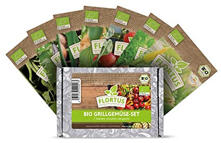 FLORTUS Grillgemüse Samen Set 7 Sorten BIO Gemüsesamen | Saatgut für frisches Gemüse ideal zum Grillen | Samen für Gemüsegarten | Aubergine, Möhre, Paprika, Bohnen, Kirschtomaten, Zucchini, Zwiebeln