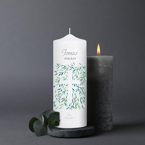 Wandtattoo Loft Trauerkerze personalisiert mit Namen und Datum, Motiv mit Kreuz aus Blättern, 18cm x 7cm, personalisierte Trauerkerze, Kondolenzkerze, Beileidskerze, Trauerlicht, Grabkerze