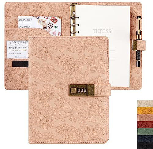 Vintage 6 Ringe Binder Journal Notizbuch mit Schloss, A5 Hardcover Blume geheimes Passwort Tagebuch, nachfüllbares liniertes Briefpapier für Frauen (Rosa)