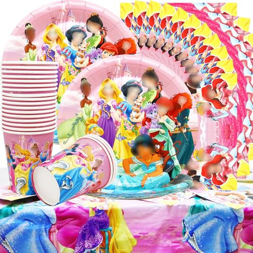 61 Princesa Vajilla de Fiesta Cumpleaños, Princesa Vajilla Set incluir Platos de Postre, Vasos de Papel, Servilletas y Mantel para Decoraciones Fiestas Tema Princesa (A3)