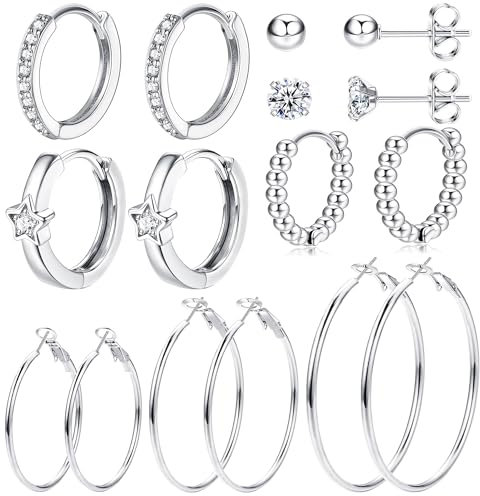 JeweBella 8 Paar Kleine Creolen für Damen Mädchen Chirurgenstahl Ohrstecker Zirkonia Stern Silber Creolen Huggies Ohrringe Hypoallergen Schläfer Knorpel Ohrstecker Leicht Große Creolen Ohrringe Set