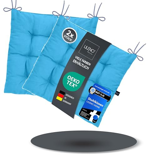 LILENO HOME 2er Set Stuhlkissen 15 Aqua (40x40x6 cm) - Sitzkissen für Garten, Küche oder Esszimmer - UV-beständige Indoor u. Outdoor Stuhlauflage als Stuhl-Kissen (Linda FUM)