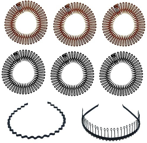 TSUWNO Lot de 6 Bandeaux Élastiques Peigne avec 2 Modèles Métalliques, Zigzag Rond Élastique en Plastique Anti-Casse pour Sport, Idéal Filles et Femmes.