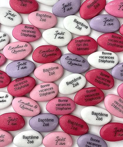 Dragées chocolat personnalisées avec votre texte 400g - Variation de rose, mauve, fuschia et blanc - pas cher - environ 150 dragées 71% de cacao - Fabrication artisanale en France