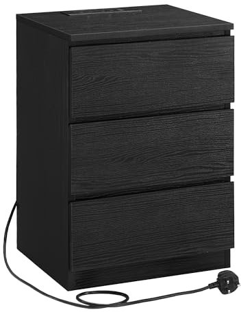 VASAGLE KAILYN Collection - Bedside Table with Power Strip, Side End Table with Drawers, 2 AC Outlets, 2 USB Ports, for Living Room, Bedroom, Study, Ebony Black LET631B57