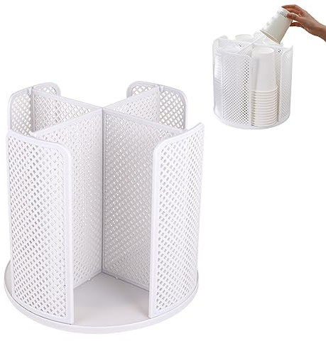 Qivine Portabicchieri Girevole a 360 Bicchieri di Carta, Dispenser Porta Bicchieri in Plastica con 4 Scomparti, Organizer per Tazze per Casa, Facile da Installare, per Cucina, Ufficio, Bar (Bianco)