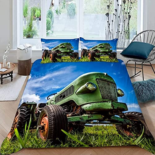 Sezhiqeu Oldtimer-Traktor Bettwäsche 155x220, 3D Muster Weich Kuschelig Mikrofaser Bettwäsche-Sets Rustikales Bauernhaus Bettbezug + 2 Kissenbezug 80x80 cm mit Reißverschluss A-135