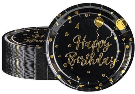 BOKFJBP 50Pcs Party Paper Plates 9 inch, Happy Birthday Black and Gold Foil Polka Dots 23cm Dinner Disposable Plate Tableware for Graduation Wedding Children's Birthday Camping Picnics All Occasions