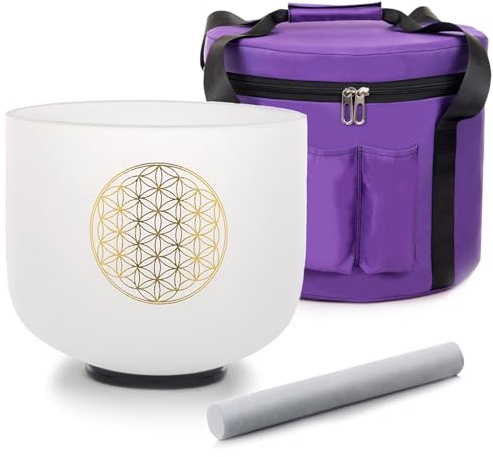 Siceeoly C-Note 432HZ Kristall-Klangschale Blume des Lebens, mattierter Quarz, Wurzelbasis, Chakra, Meditation, Klangheilung, mit robuster Tragetasche, Wildleder-O-Ring, 20,3 cm