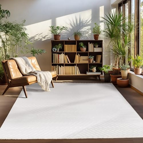 Carpettex Kurzflor Teppich Wohnzimmer Creme Teppich Skandinavisch Stil Teppich 3D Effekt Groß 280 x 370 cm - Waschbarer Teppich Schlafzimmer Küchenteppich Boho Design Weich und Flauschig