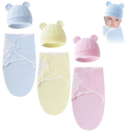 MoreChioce 3 Stück Baby-Pucktuch und Mütze, Baby-Empfangssack-Kappen-Set Pucksack für Neugeborene 50cm x 70cm Baumwollschlafsack Wickeltuch für Babys von 0–6 Monaten,Typ 12