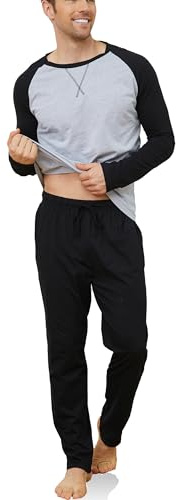 Reliwel Pyjamas för män, lång bomullspyjamas, tvådelat set, raglan, långärmad tröja och pyjamasbyxor med ficka, nattkläder, hemmadräkt, sovkläder