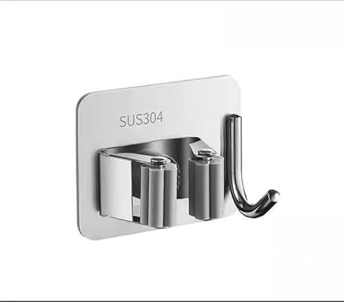 Shwdsy Besenstiel-Wandaufkleber-Halter, kein Bohren erforderlich, 2er-Set, Moppstiel-Werkzeughalter mit Haken, Mopphalter aus Edelstahl, Gartenwerkzeug-Halter (Grau)