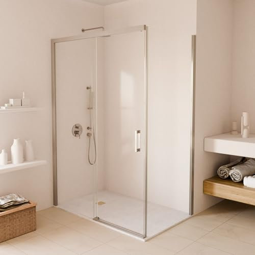 SOULBATH Mampara Angular corredera + Fijo + Lateral Fijo, sin Perfil Inferior, Fácil instalación Vidrio de Seguridad 6mm antical, 97,5-100cm Ancho x Fijo 67,5-70cm H=195cm, Plata Brillo