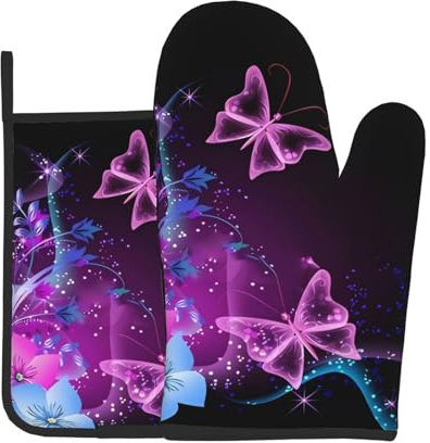 Juego de dos piezas para hornear de cocina de mariposa rosa y morada, guantes de horno y soportes para ollas