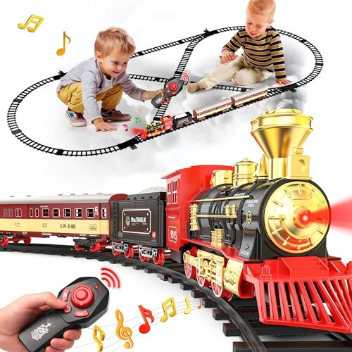Hot Bee Eisenbahn Kinder Elektrisch Mit Fernbedienung, Zug Spielzeug Für Kinder Ab 3, Elektrischer Zug Mit Dampffunktion, Licht & Sound, Modell Eisenbahn-Set, Zug Mit Schienen Geschenke Für Kinder