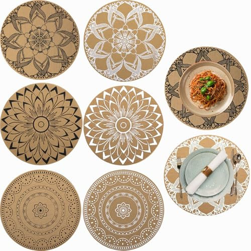 6er Set Platzsets Rund Abwaschbar Tischsets, Hitzebeständig Waschbar Runde Platzdeckchen 38x38cm Weihnachten Schmutzabweisend Platzset Retro-Tischdekoration Bohemian-Stil für Restaurant Küche Hochzeit